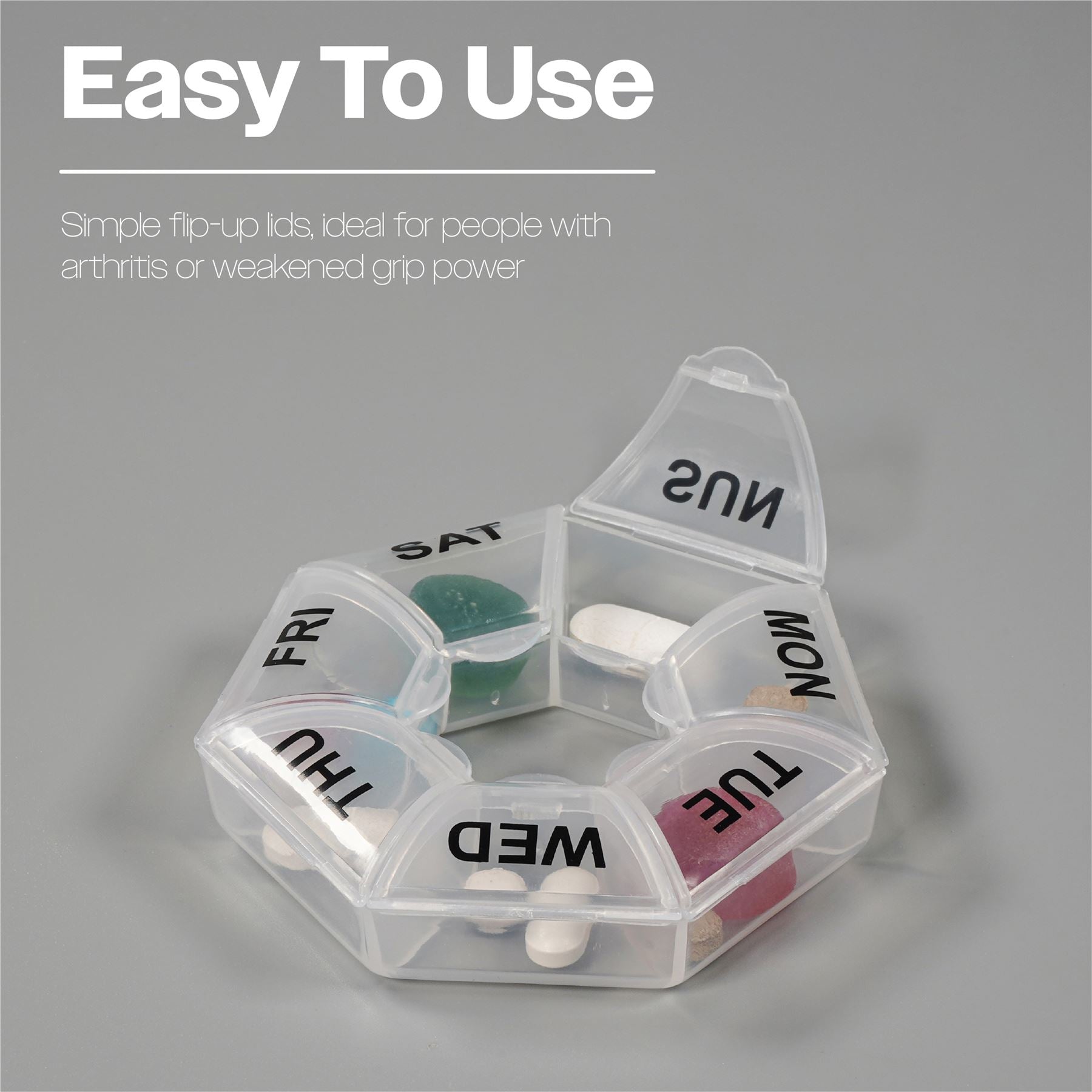 7 Day Weekly Pill Box.Compact,Portable,Easy Flip-Up Lids,Clearly Labelled Days of Week,Will Hold Several Pills per Compartment,Alzheimers,Dementia Aid