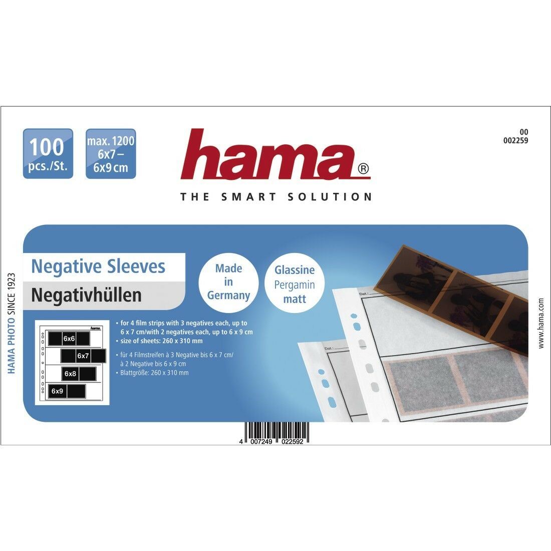 Hama Negative Sleeves made of Glassine, 4 strips for 6x7 negatives, 100 pieces