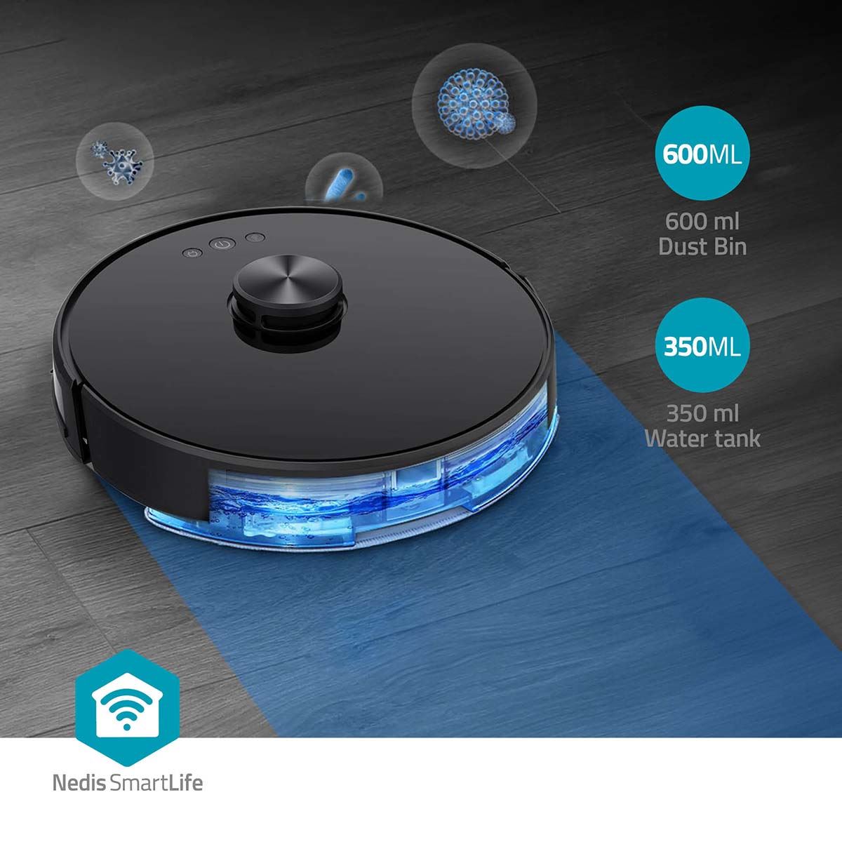 Nedis SmartLife Robot Vacuum Cleaner | Laser Navigation | Wi-Fi | Capacity collection reservoir: 0.6 l | Automatic charging | Maximum operating time: 2 hrs | Black | Android™ / IOS