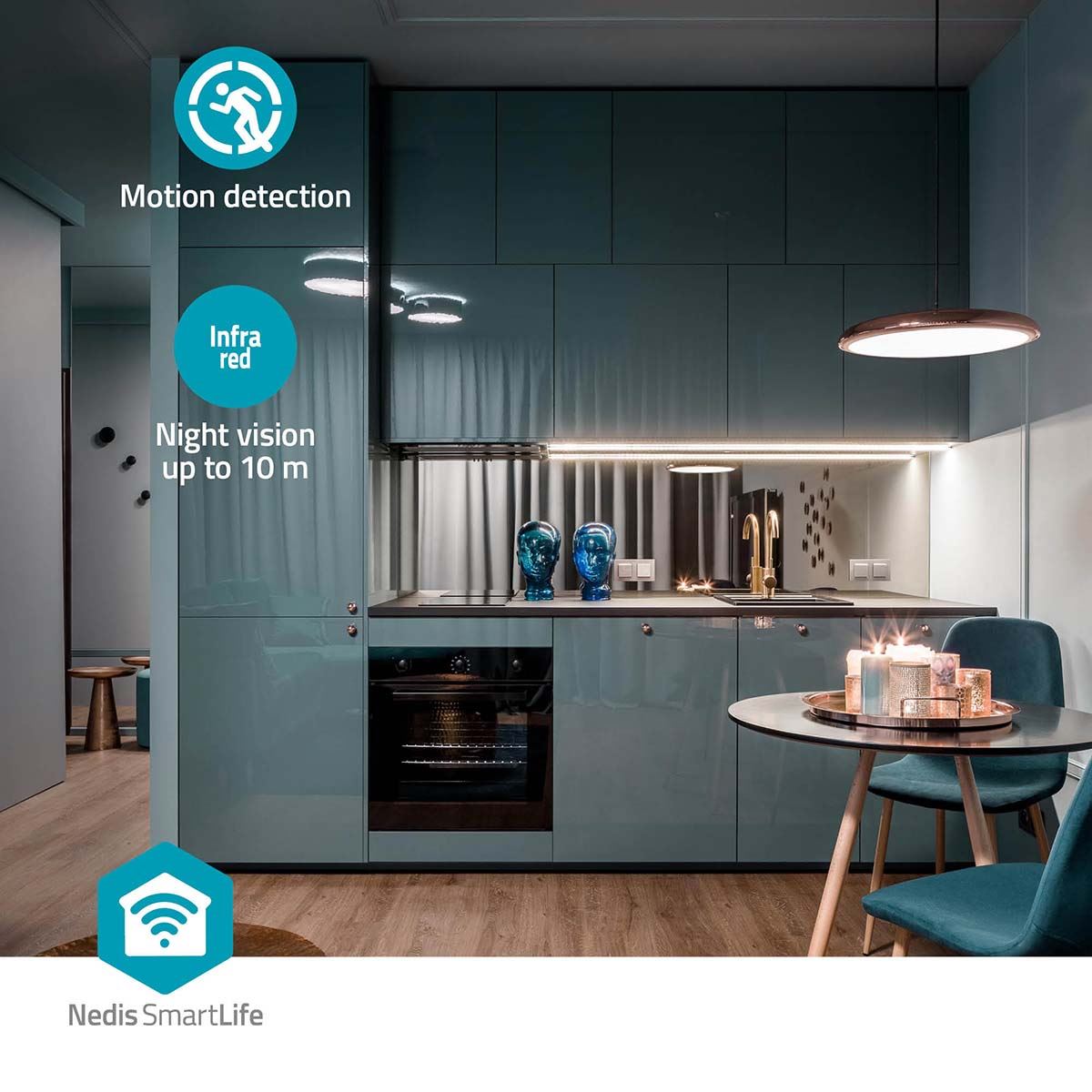 Nedis Smart Wifi Baby Monitor, Indoor Camera Full HD 1080p, Night Vision, PTZ, Motion & Sound Detection, 2-Way Audio, Humidity & Temperature Sensor, App Control - White/Grey