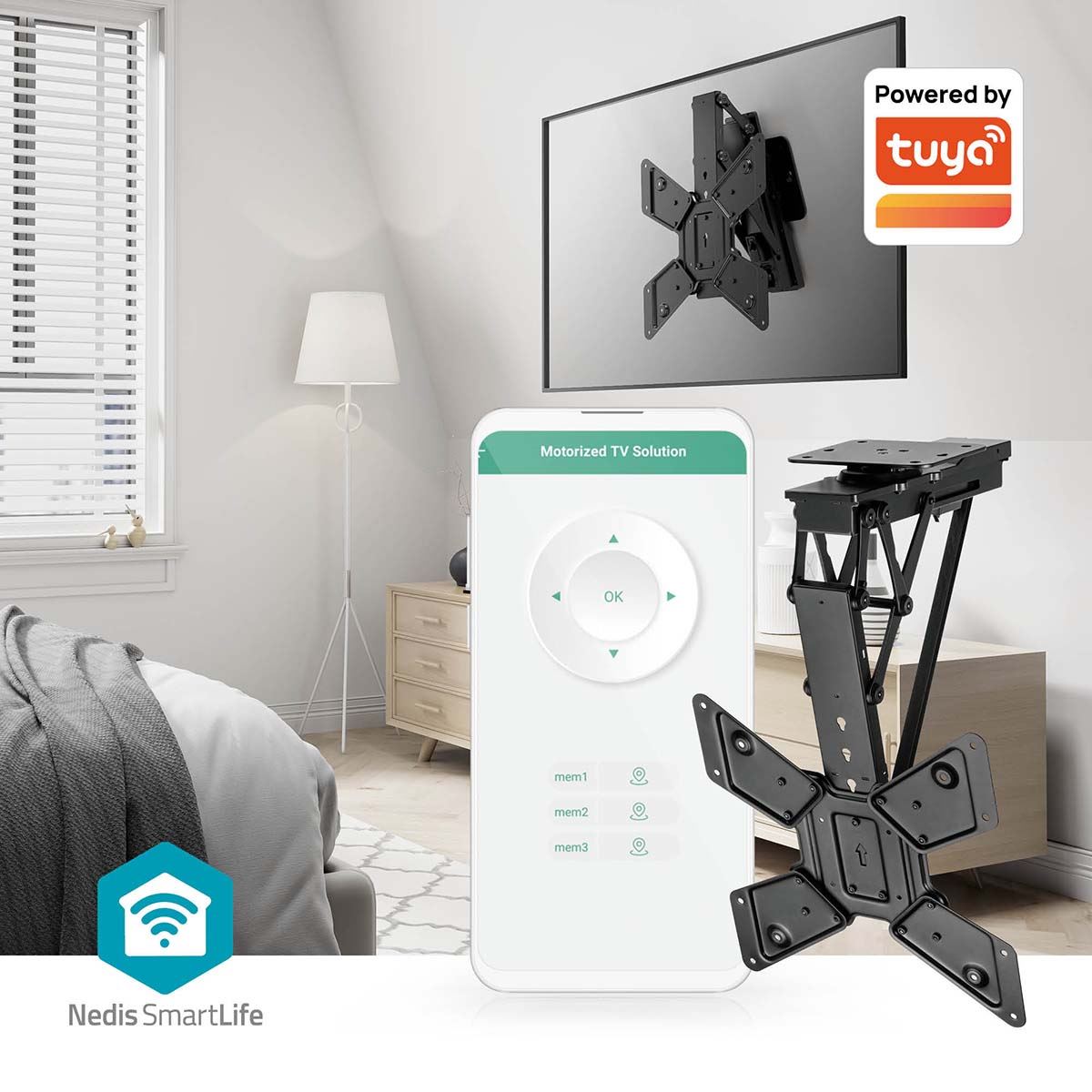 Nedis Smart Motorised TV Ceiling Mount Bracket for 23-65" Screen Max 30kg Adjustable Tilt and Swivel with Remote Control