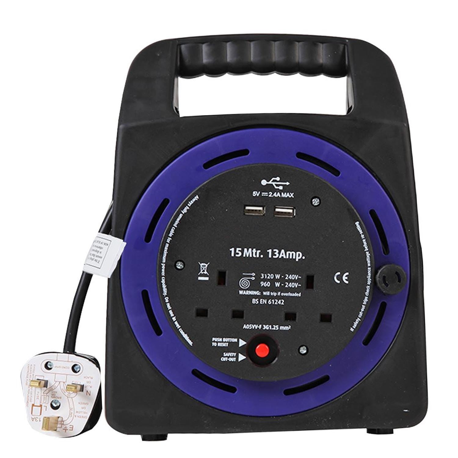 2 Gang 15m Mains Extension Socket Lead Cassette Reel with USB, 13A