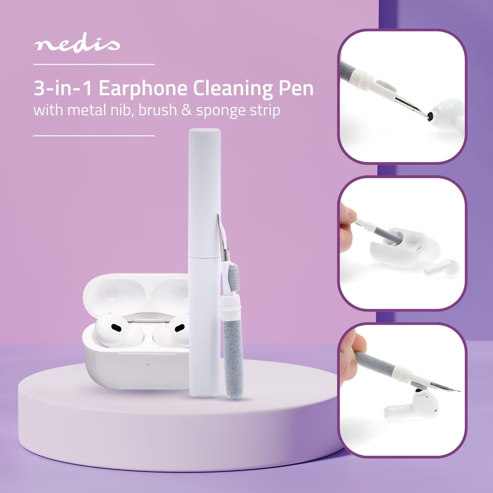 Nedis 3-in-1 Headphone Pro Cleaning Pen Kit, Multifunctional with Sponge, Brush & Metal Tip, for In-Ear Earphones & Earbuds, Phones, Electronics and More