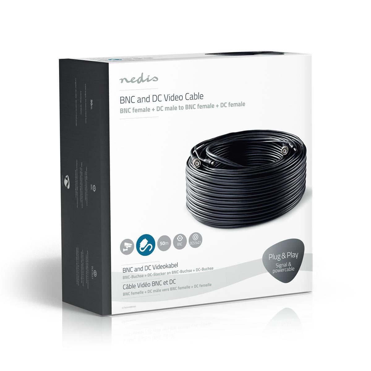 Nedis CCTV 50m Combination Installation Security Cable| BNC / DC Connections|Male to Female Dual Run|Round | PVC | Black