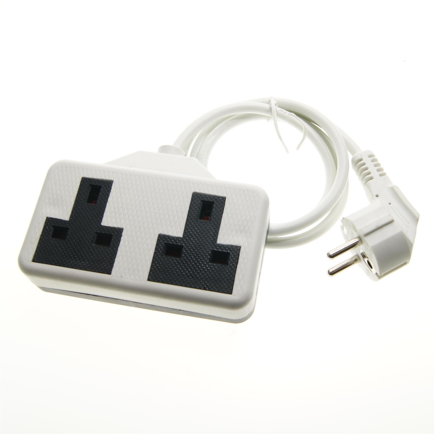 Euro EU French 1m Schuko Plug to 2 Gang White 13A UK Socket Hybrid Generator Adapter Fly Lead for Caravan Motor Home