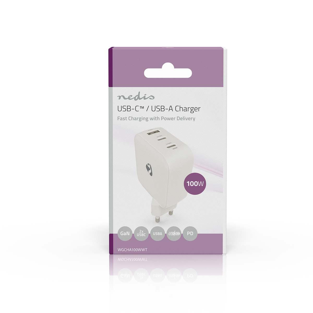 Nedis EU Euro Travel Wall Charger | 100 W | GaN | PD3.0 | Quick charge feature | 2.5 / 3.0 / 5.0 A | Number of outputs: 3 | USB-A / 2x USB-C™ | Automatic Voltage Selection | White