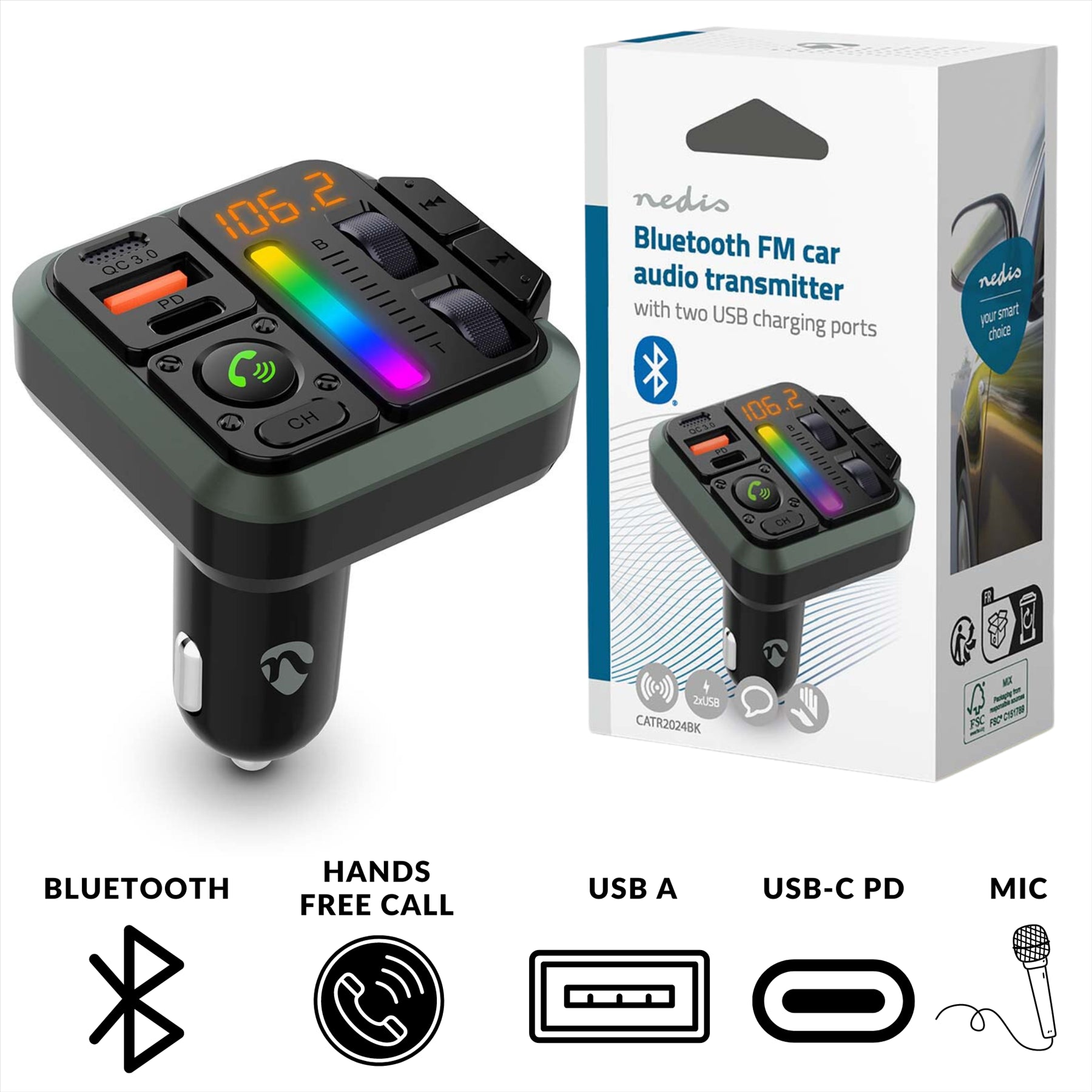 Nedis Bluetooth 5.3 Wireless Car FM Transmitter Charger USB-C USB-A Car Cigarette Lighter