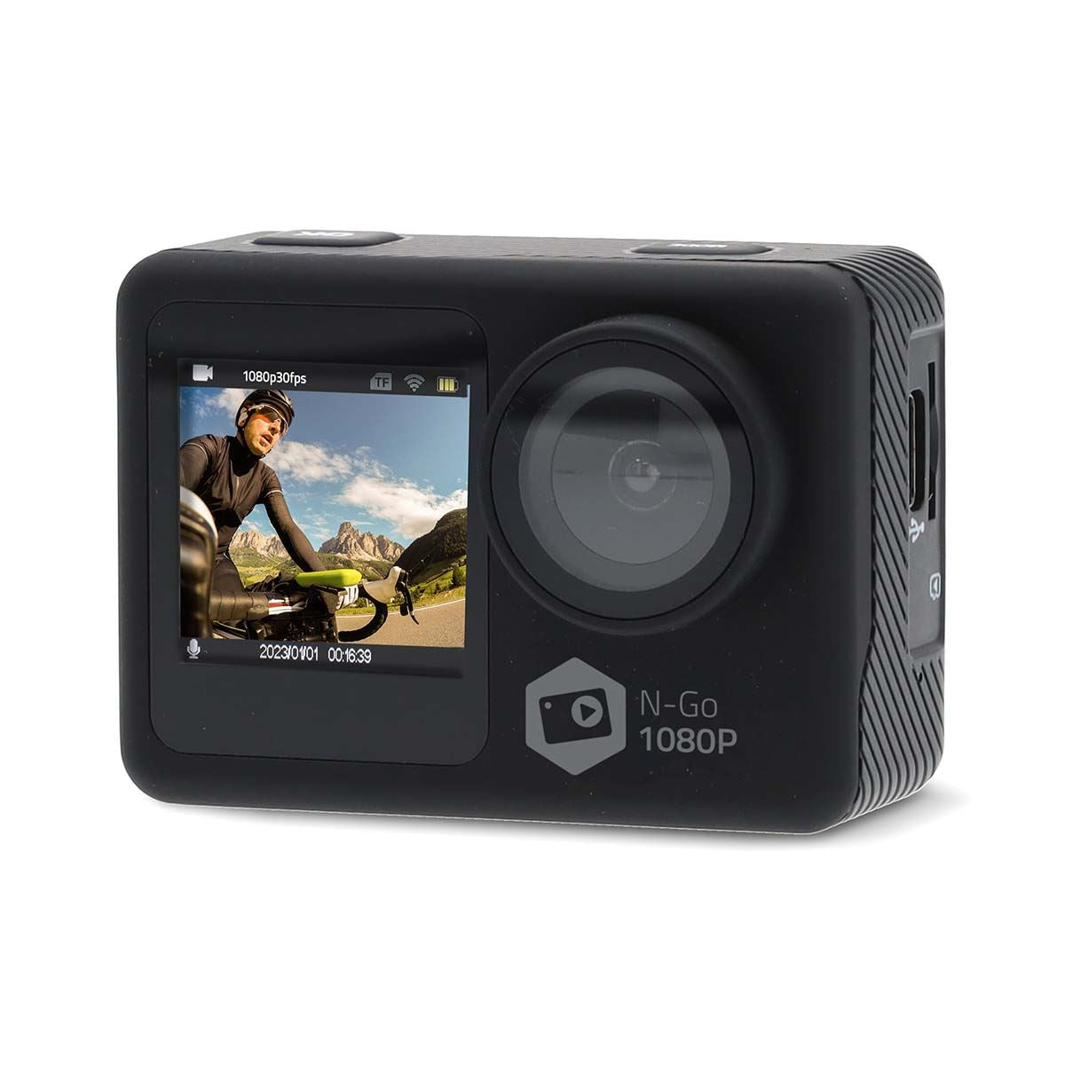 Nedis Dual Screen Wi-Fi Action Cam, 1080p 30fps HD Video, 12MP Photos, 2" TFT Back Screen 1.3" Front Screen, Waterproof 30m, Burst Mode, Loop Recording