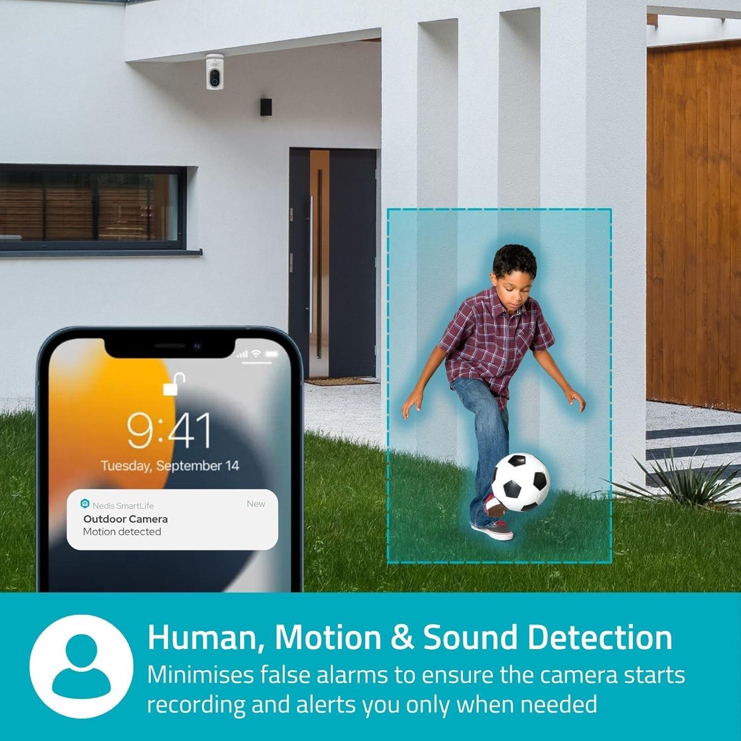 Nedis SmartLife Outdoor Camera | Spotlight | 3MP Full HD 1296p | IP65 | Max. battery life: 6 Months | Cloud Storage (optional) / microSD (not included) | 5 V DC | With motion sensor | Night vision | White