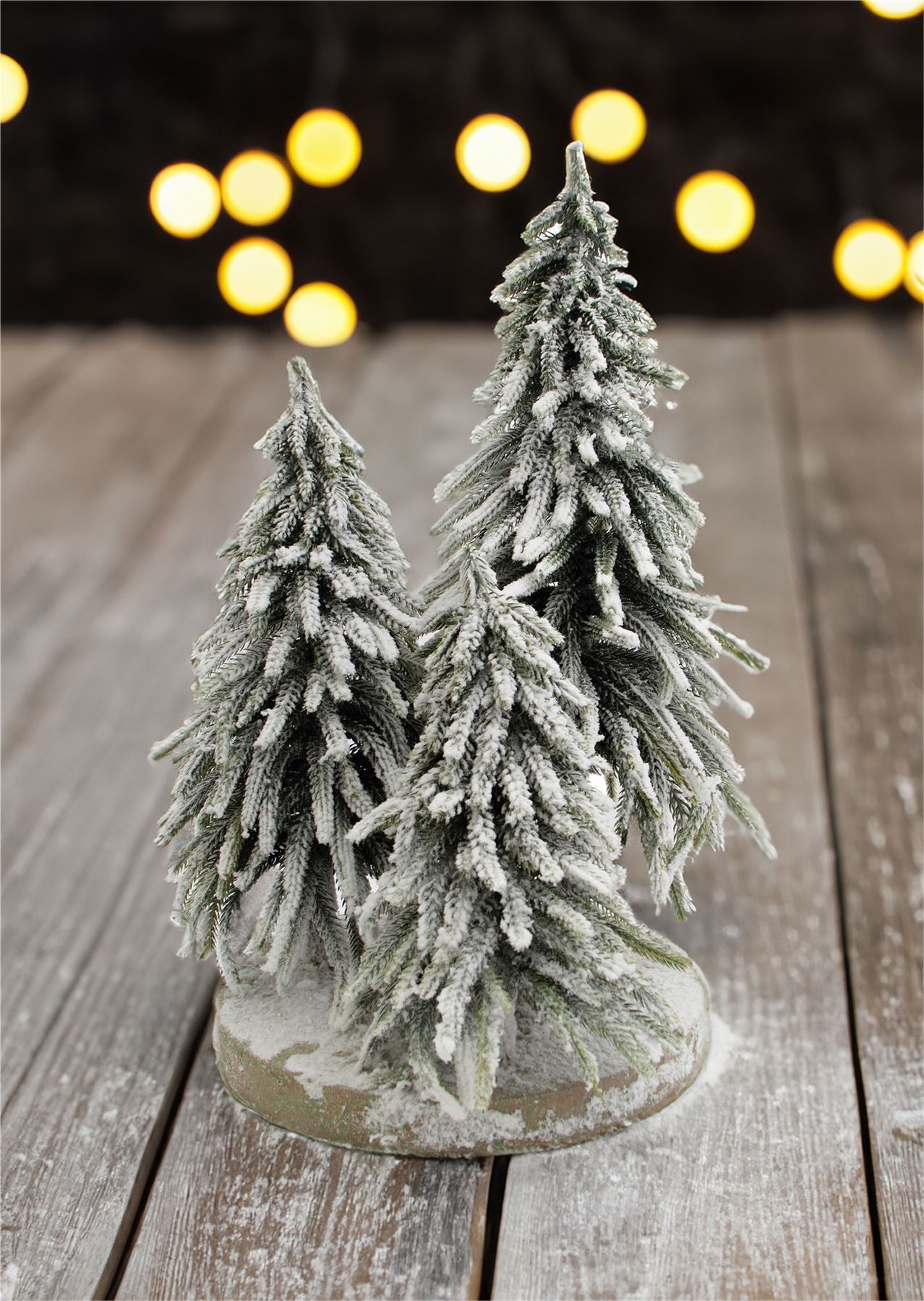 Snow Topped Mini Christmas Tree Display on Wooden Stand Decoration