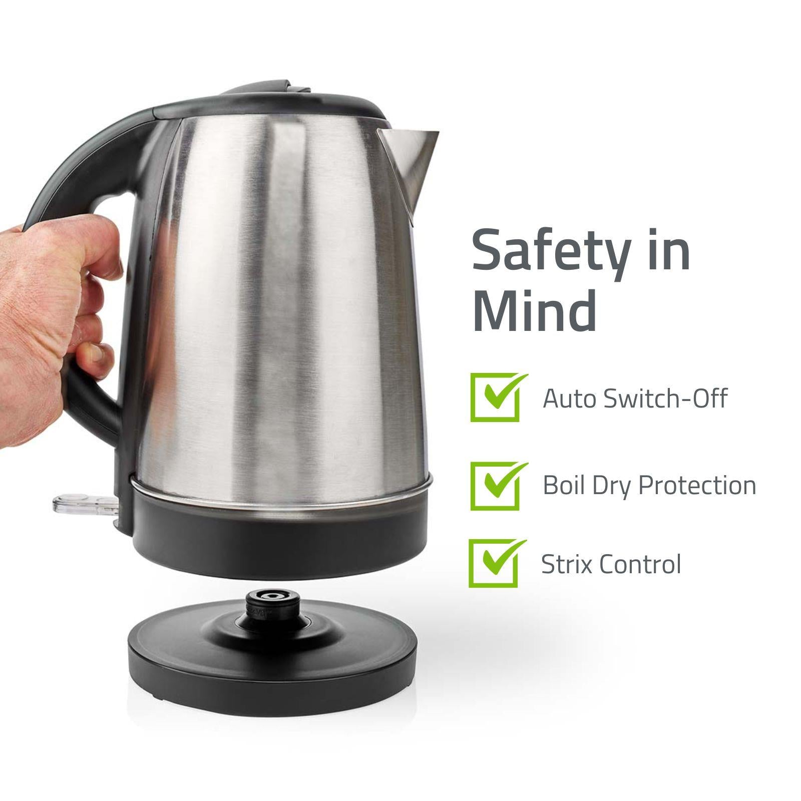 Nedis Electric Kettle, 1.7L, 2200W, Stainless Steel Jug with Quick Boil Time, Boil Dry Protection and Auto Shut Off, Cordless 360° Swivel Base, for Hot Water Tea or Coffee - Silver