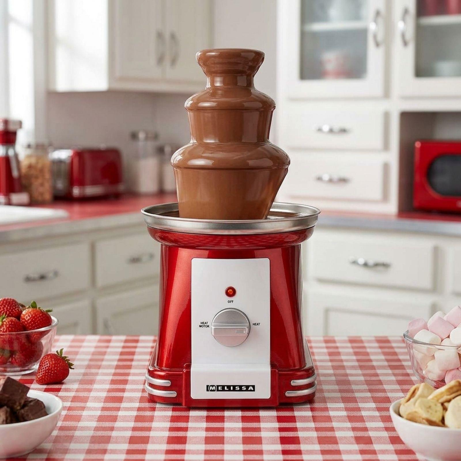 MELISSA Chocolate Fountain, Retro 3 Tier Table Top Machine with 500ml Capacity, Heat & Motor Settings, 90W - Red/White