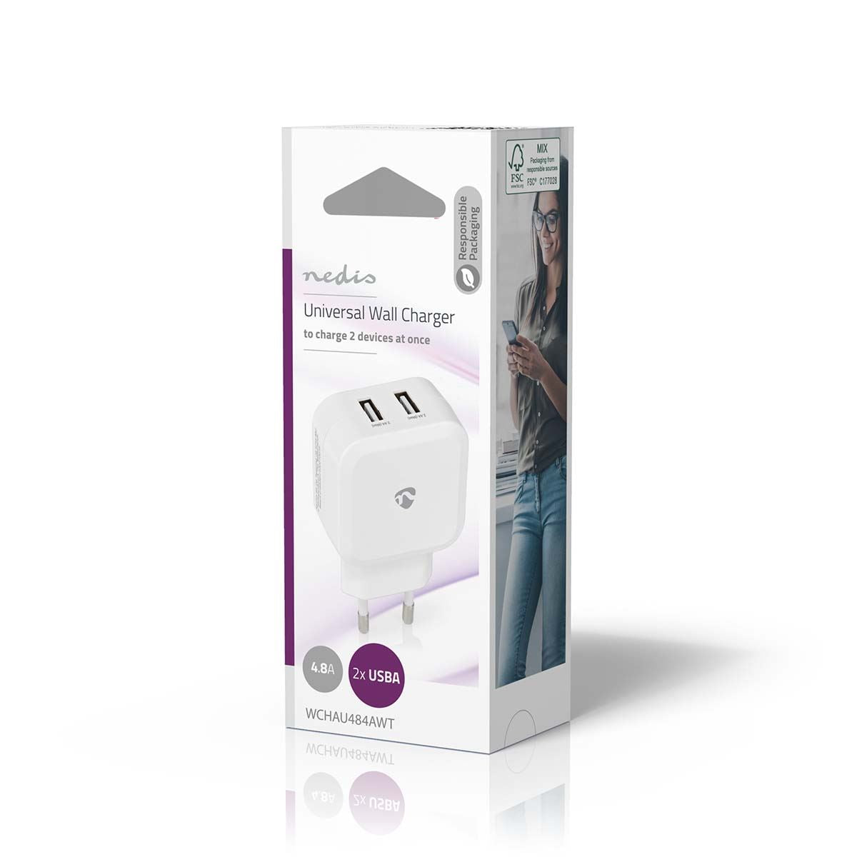 Nedis EU Euro Travel Wall Charger | 24 W | Quick charge feature | 2x 2.4 A | Number of outputs: 2 | 2x USB-A | No Cable Included | Single Voltage Output | White