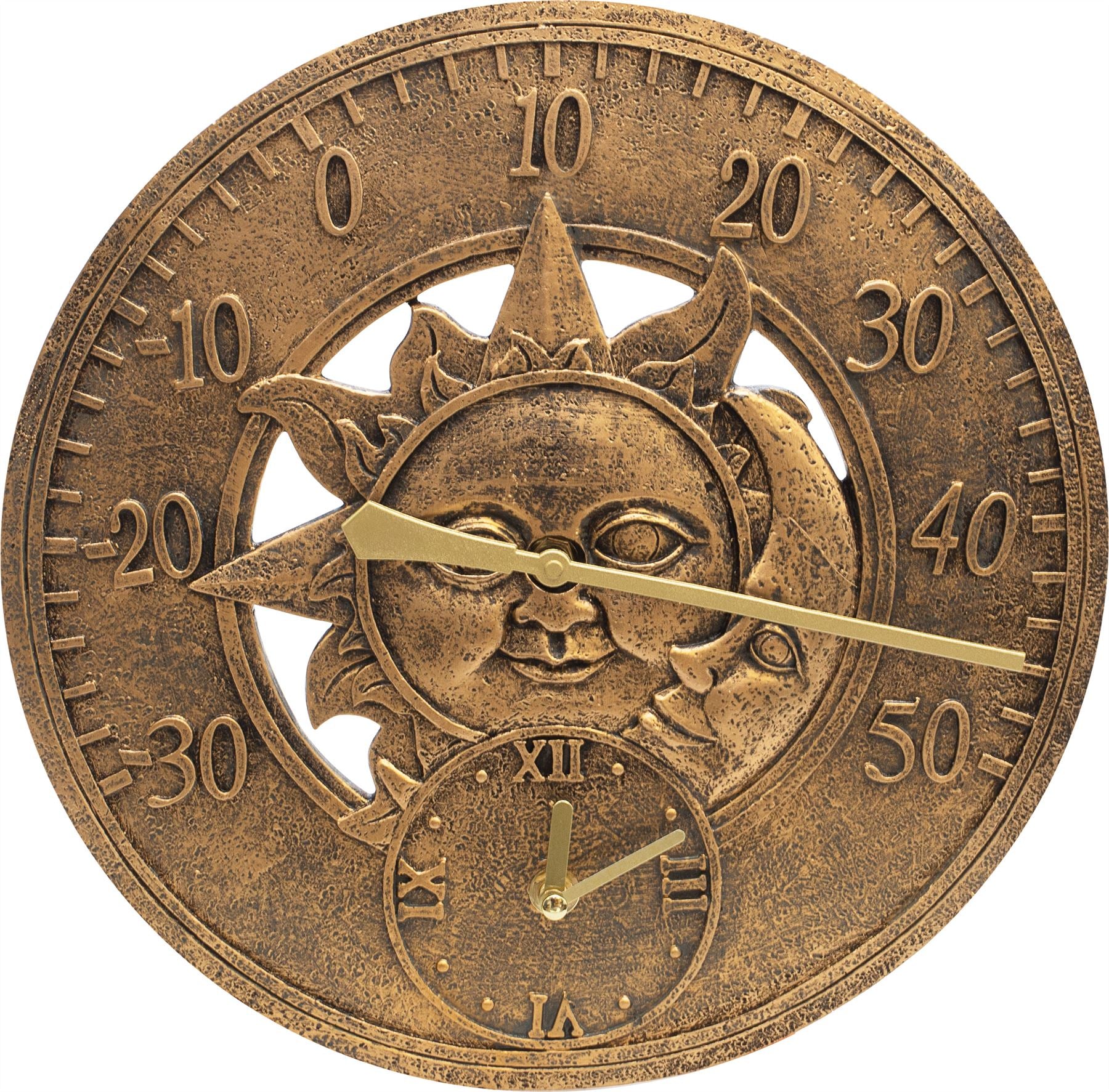Vintage 12" / 30cm Sun and Moon Outdoor Garden Clock and Thermometer Wall Mounted Battery Powered - Copper