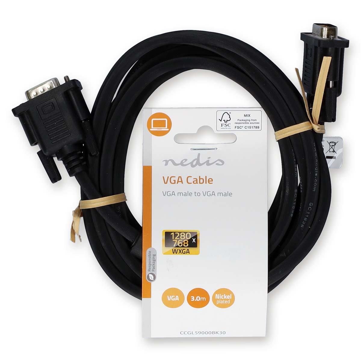 Nedis VGA Cable | VGA Male | VGA Male | Nickel Plated | Maximum resolution: 1280x768 | 3.00 m | Round | ABS | Black | Label