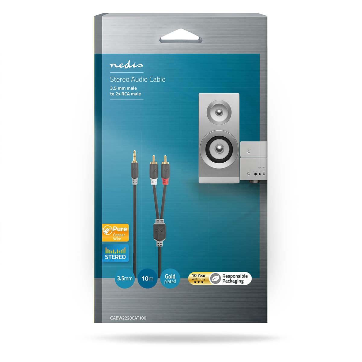 Nedis Stereo Audio Cable | 3.5 mm Male | 2x RCA Male | Gold Plated | 10.0 m | Round | Anthracite | Box