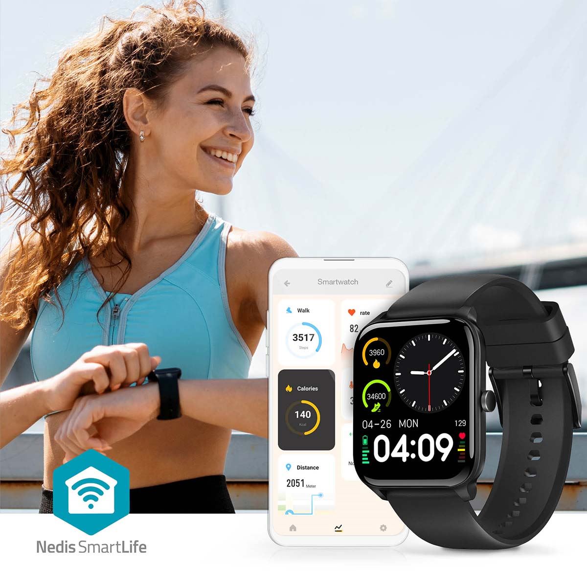 Nedis SmartLife SmartWatch, LCD Screen, Waterproof IP68, Up to 10 Days of Battery Life, Android and iOS Black, Black/White,