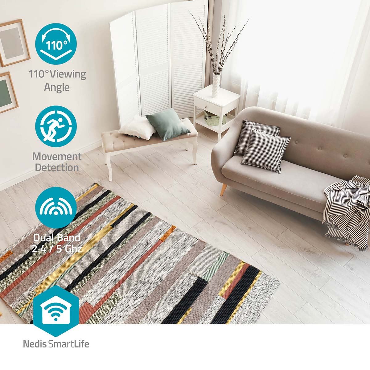 Nedis SmartLife Indoor Camera, Wi-Fi, 3MP Full HD 1296p, Baby & Pet Monitor with Motion & Sound Detection, Night Vision, 110 Degree View, 2-Way Audio, Compatible with Alexa & Google Assistant - White
