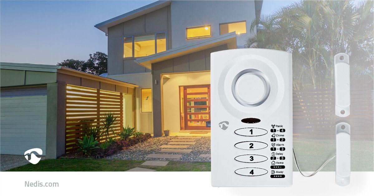 Nedis Keypad Operated Alarm, Magnetic Window Door Sensor with 3 Modes, Entry Chime Panic 85dB Siren Security for Home Shop Shed Garage