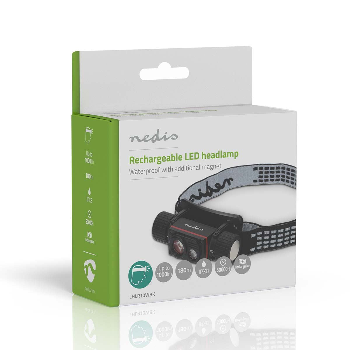 Nedis 10W LED Headlamp Rechargeable, IPX8 Water-Resistant, Aluminium Alloy Housing, Hidden USB-C, 1000 Lumen, 180m Beam Distance, Adjustable Elastic Headband