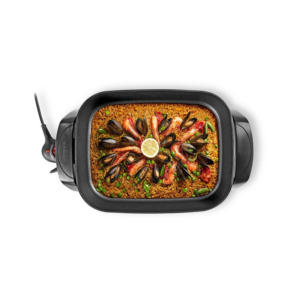 Nedis 7L Non Stick Electric Skillet Pan Cooker, 40cm XXL Multi Function with Tempered Glass Lid and Thick Cast Aluminium Body, 2200W for Frying, Baking, Stewing, Braising, Cooking - Black