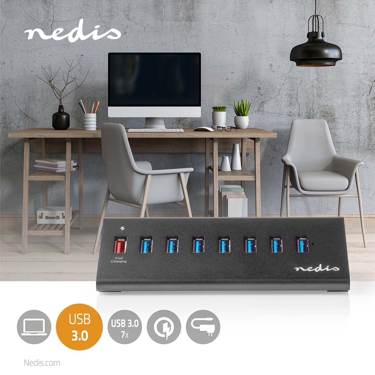Nedis USB Hub | USB Micro-B Female | USB-A Female | 8 port(s) | QC3.0 / USB 3.2 Gen 1 | Mains Powered / USB Powered | 5 Gbps | 8x USB
