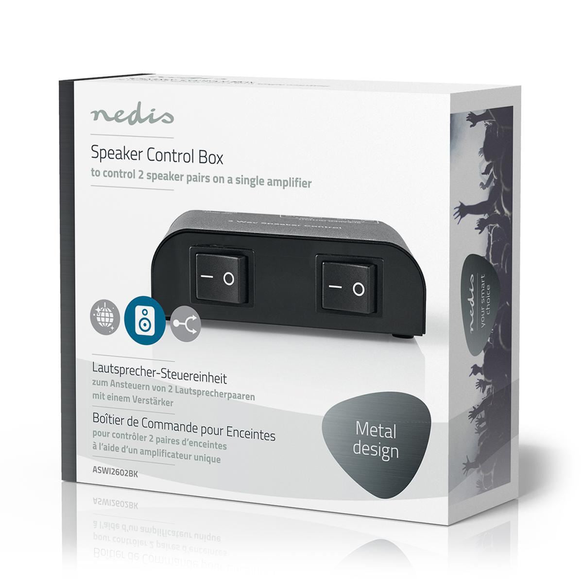 Nedis Speaker Control Switchbox | 2 port(s) | Terminal Clamps | Speaker impedance: 4-16 Ohm | Maximum load per channel: 150 W | Aluminium | Black