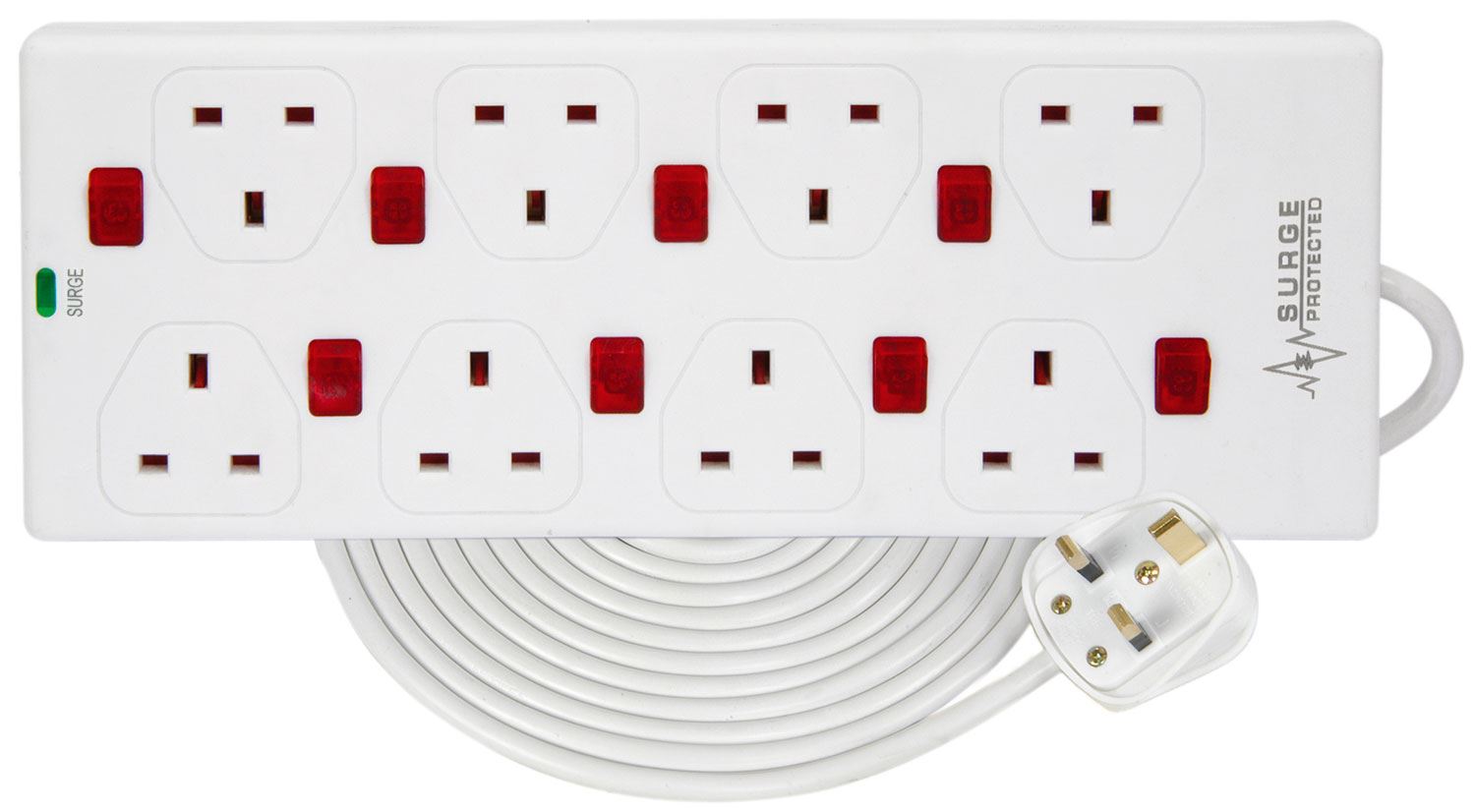 Mercury 8 Gang Extension Cable with Surge Protection & Neon Switches | 2 Metre Cable, White