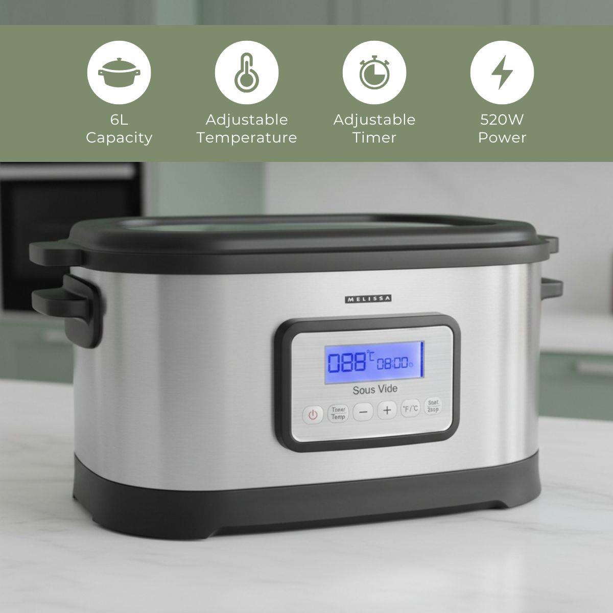 MELISSA Le-France Sous Vide 6L 520W, "French Under Vacuum Cooking" Cooker with LCD Timer, Healthier Juicery and Flavoursome, Stainless Steel / Black