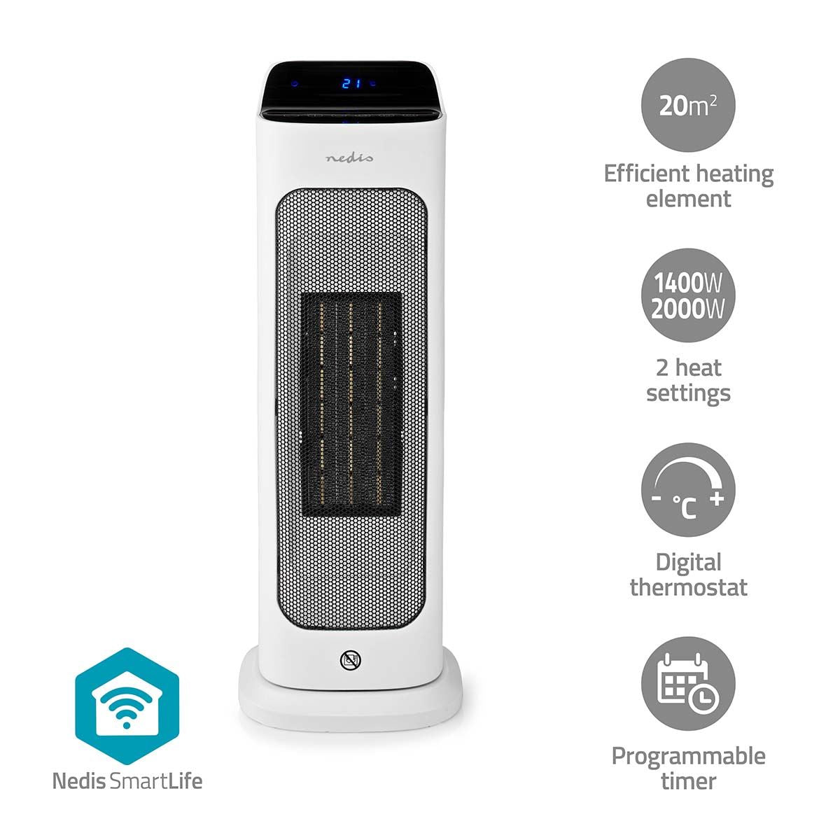 Nedis SmartLife Ceramic PTC Fan Heater | Wi-Fi | 2000 W | 2 Heat Settings | Oscillation | Display | 10 - 49 °C | Android™ / IOS | White