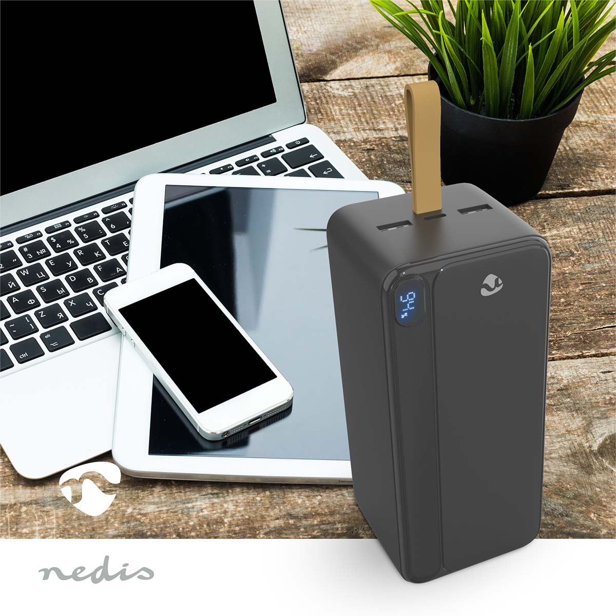 Nedis Powerbank | 30000 mAh | 1.5 / 1.67 / 2.0 / 2.22 / 3.0 A | Number of outputs: 3 | Output connection: 1x USB-C™ / 2x USB-A | Input connection: 1x USB-C™ | PD3.0 20W | Lithium-Polymer | Display