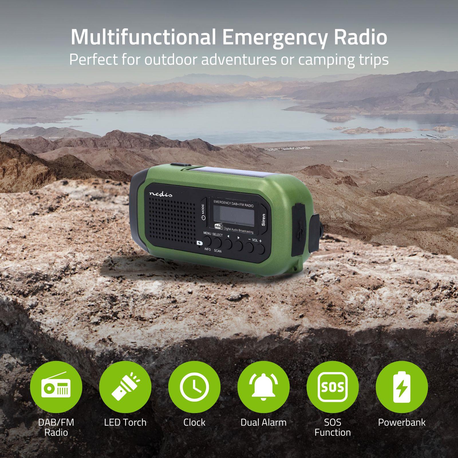 Nedis Portable Emergency DAB+/FM Wind Up Radio with Solar Panel & Hand Crank, with 2500mAh Rechargeable USB Power Bank, LED Torch & SOS Alarm, for Camping, Hiking & Outdoor