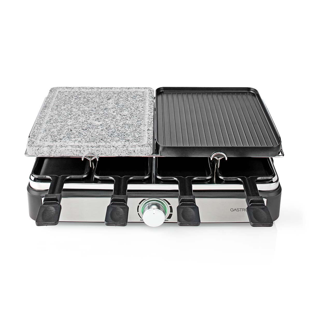 Gastronoma Electric Raclette Gourmet Stone Grill, 8 Person Indoor Non-Stick Tabletop Cooker, Removable Hot Plate, Adjustable Thermostat, with 8 x Mini Cheese Pans & Spatulas, 1400W