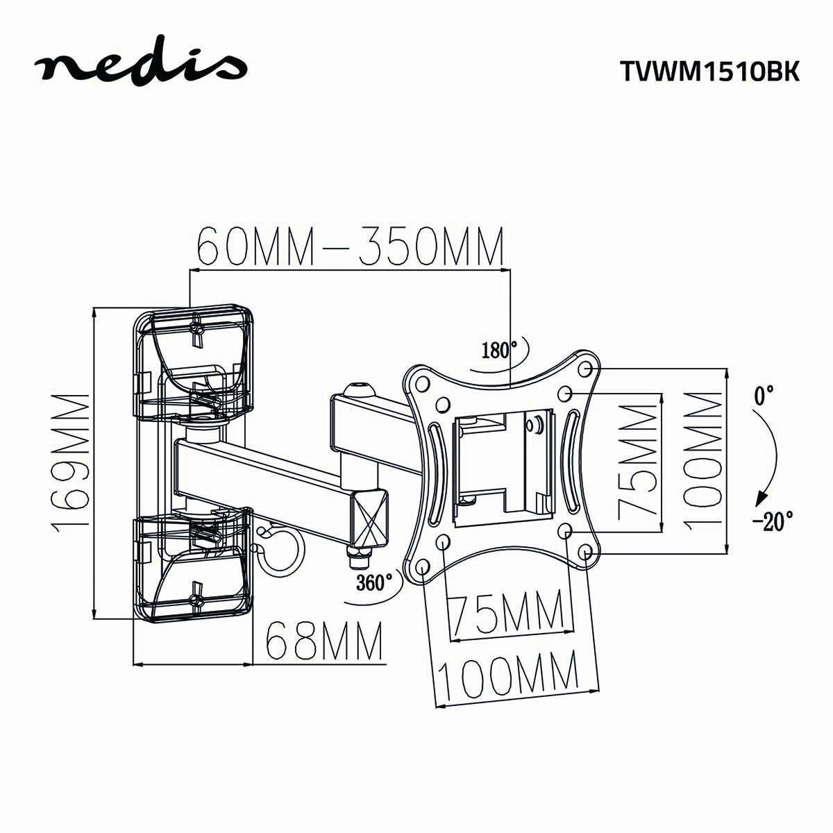 Nedis Full Motion TV Wall Mount | 13 - 27 " | Maximum supported screen weight: 15 kg | Tiltable | Rotatable | Minimum wall distance: 60 mm | Maximum wall distance: 350 mm | 3 Pivot point(s) | ABS / Steel | Black