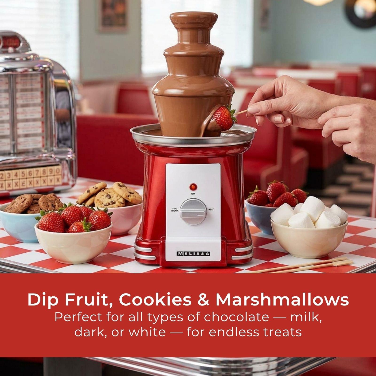 MELISSA Chocolate Fountain, Retro 3 Tier Table Top Machine with 500ml Capacity, Heat & Motor Settings, 90W - Red/White