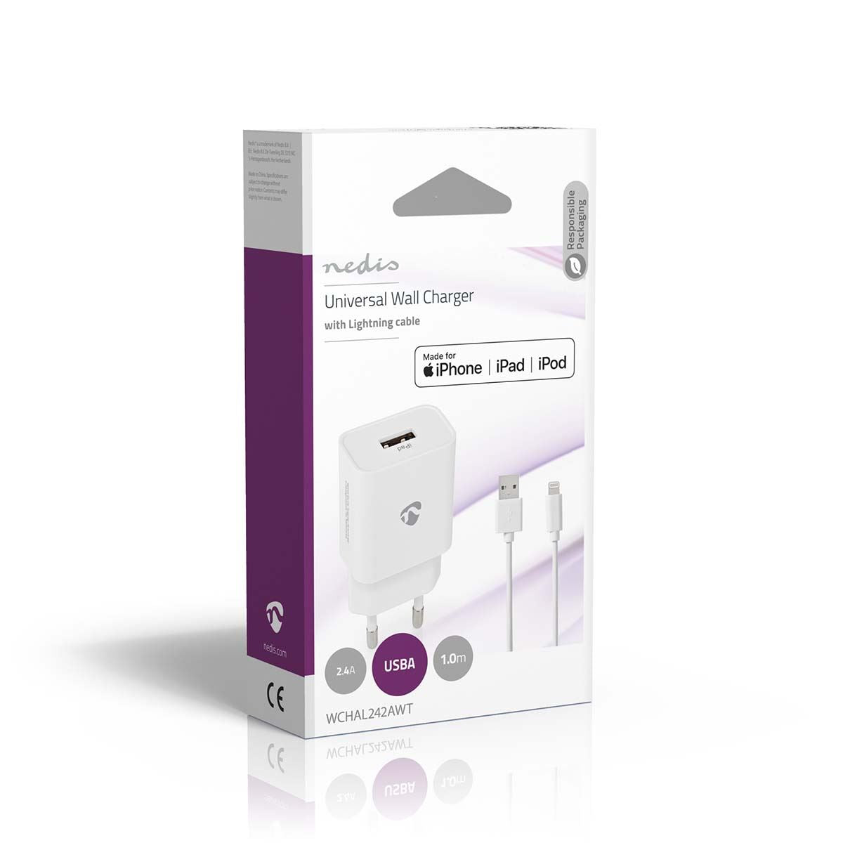 Nedis EU Euro Travel Wall Charger | 12 W | Quick charge feature | 1x 2.4 A | Number of outputs: 1 | USB-A | Lightning 8-Pin (Loose) Cable | 1.00 m | Single Voltage Output | White