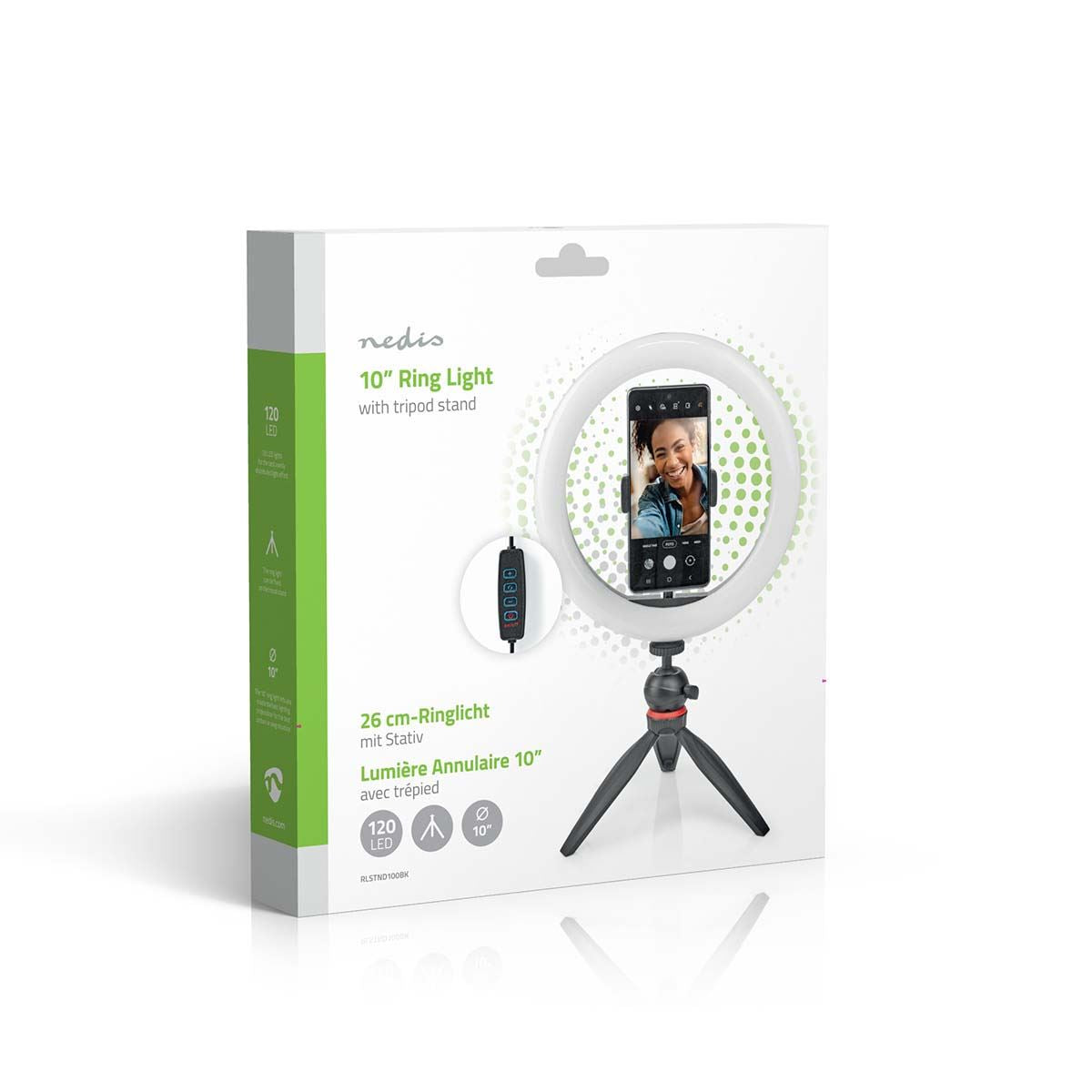 Nedis Ring Light, 10" LED Ring Lamp with 120 LEDs on Tripod Stand, USB Powered, with Flexible Phone Holder, 10 Light Modes