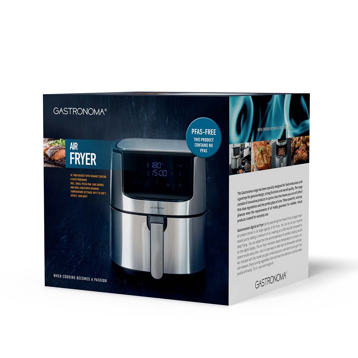 Gastronoma Digital Hot Air Fryer Large XXL 8L with 60 Min Timer, 8 Presets, Includes Cake Barrel, Pizza Pan, Grill Rack - Stainless Steel