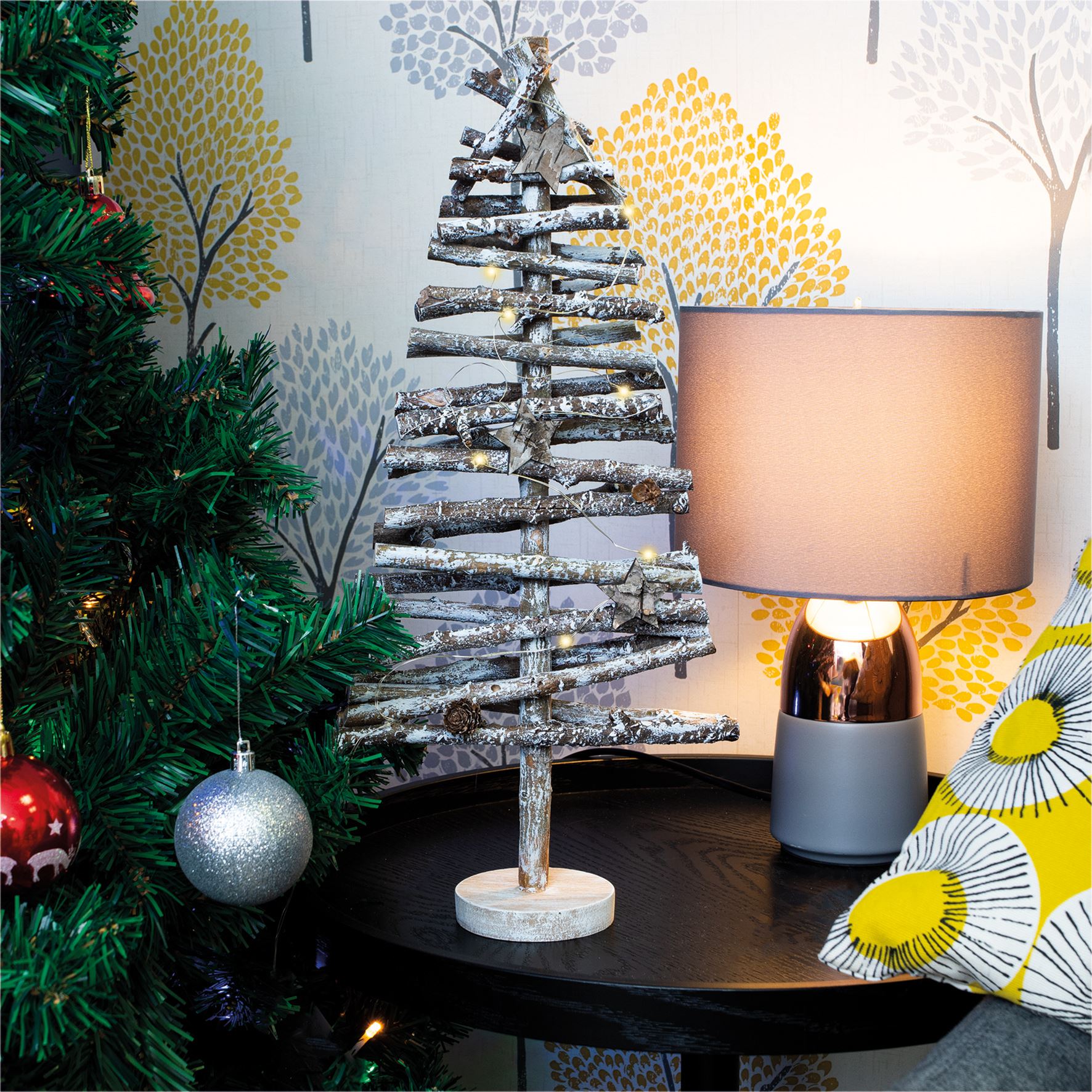 Battery Powered Birch Wood Christmas Tree Light Effect with LED String Lights