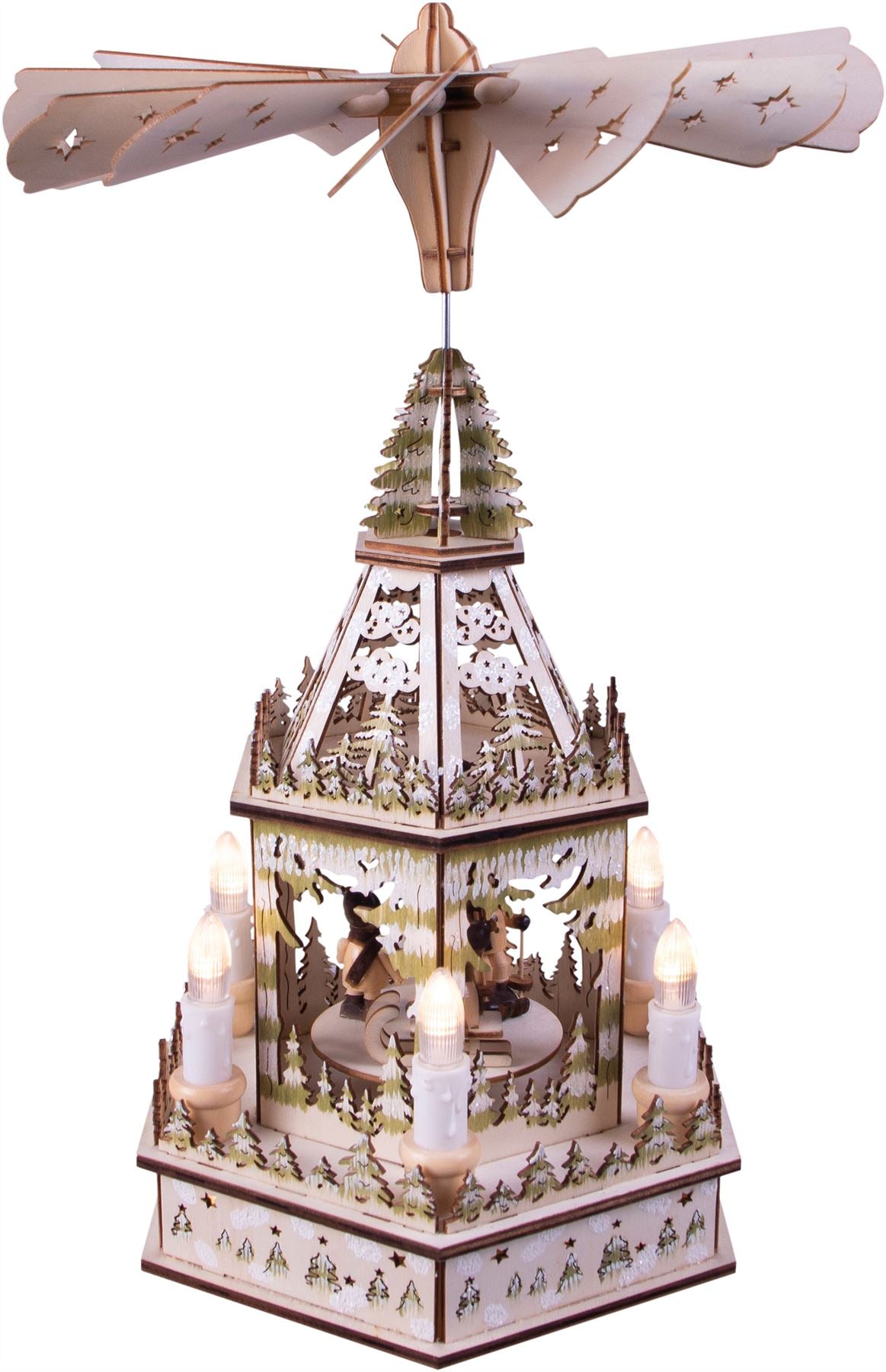 Traditional German 1 Tier Rotating Wooden Christmas Pyramid with 6 LED Candle Lights Battery Powered