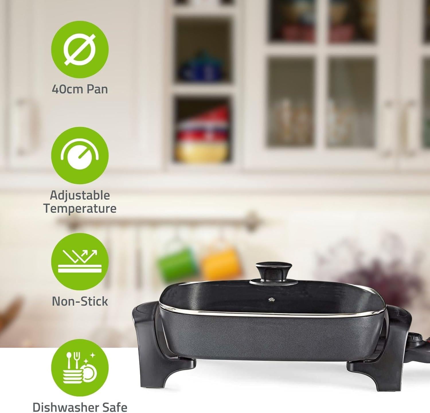 Nedis 7L Non Stick Electric Skillet Pan Cooker, 40cm XXL Multi Function with Tempered Glass Lid and Thick Cast Aluminium Body, 2200W for Frying, Baking, Stewing, Braising, Cooking - Black