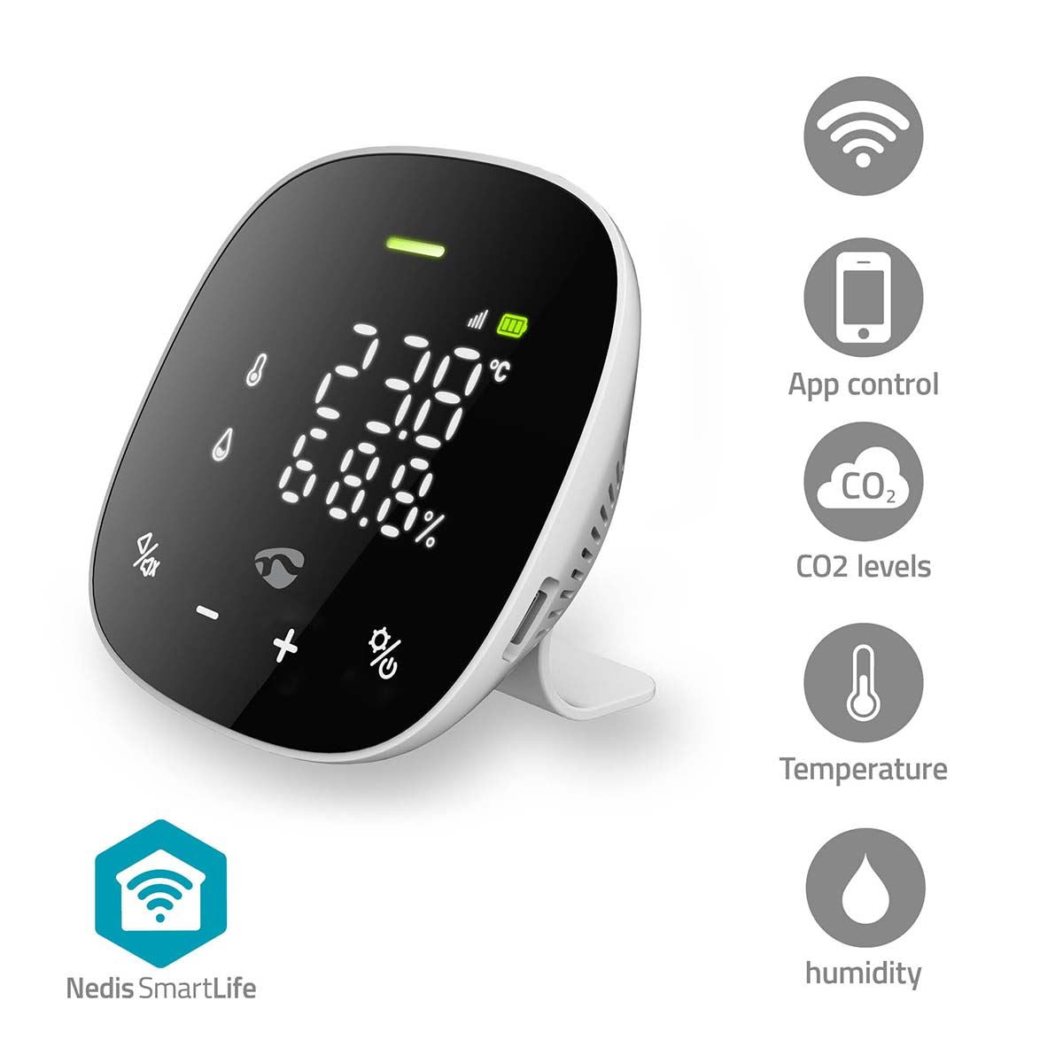 Nedis Smart Air Quality Monitor, Wi-Fi CO2 Sensor with LED Display, Temperature & Humidity Alerts, App-Controlled, Audible & Visual Alarms, NDIR Sensor, Rechargeable Backup Battery - Black/White