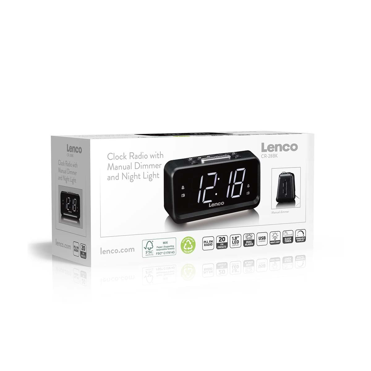 Lenco FM Alarm Clock Radio with Night Light | Black