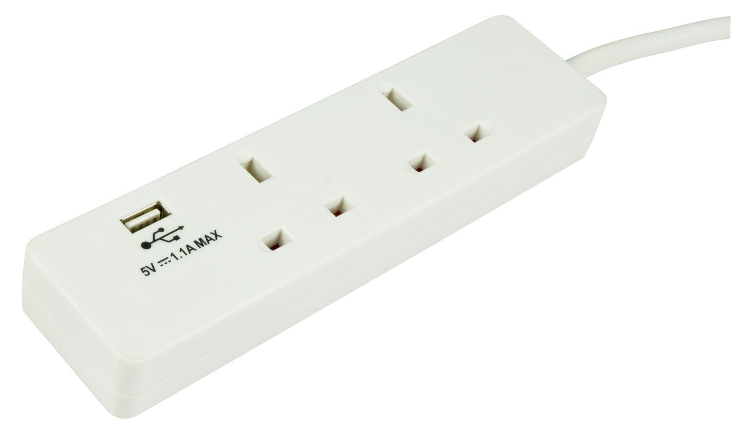 2m Desktop Mains Extension 2 Gang with USB Charger Port - White