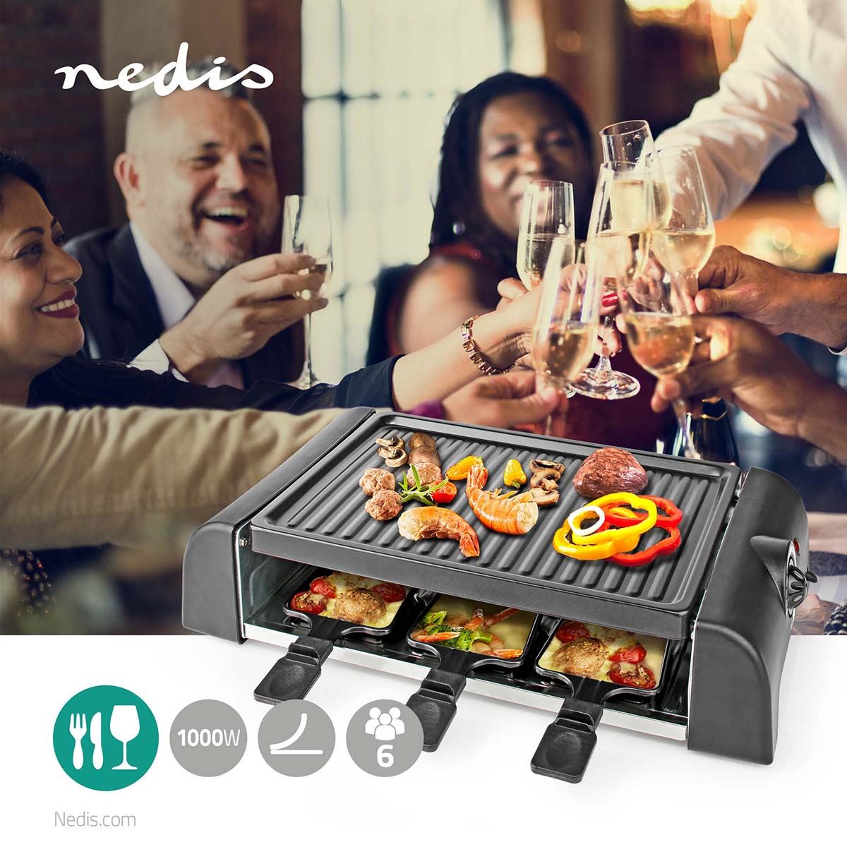 Nedis BBQ Raclette Grill 6 Person Set Pans & Spatulas Electric Cooker Grill Hot Plate