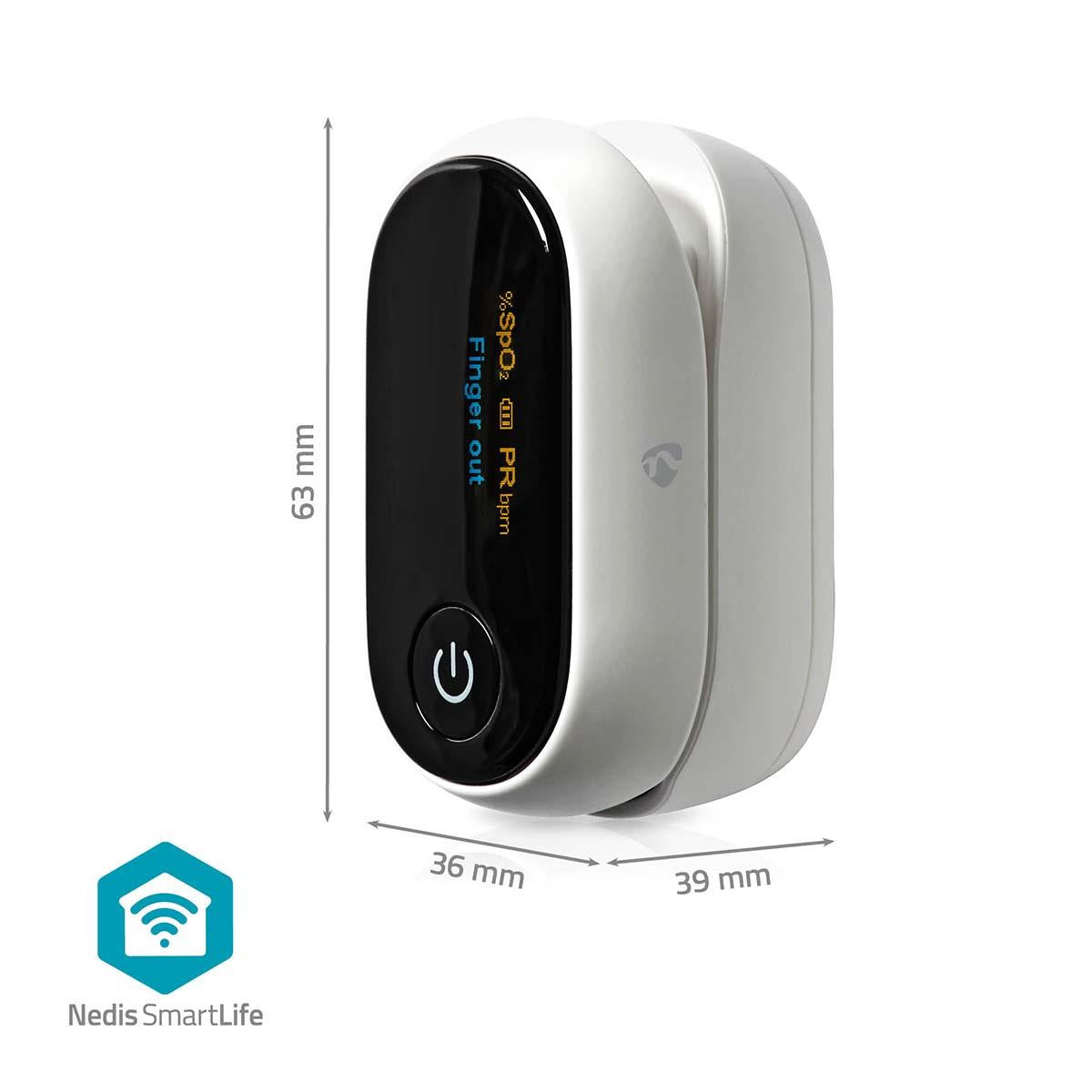 Nedis Smartlife Pulse Oximeter, Measures SpO2, PR & PI, OLED Display, Bluetooth, High Precision Sensor, 8-Second Reading, App Connected - White