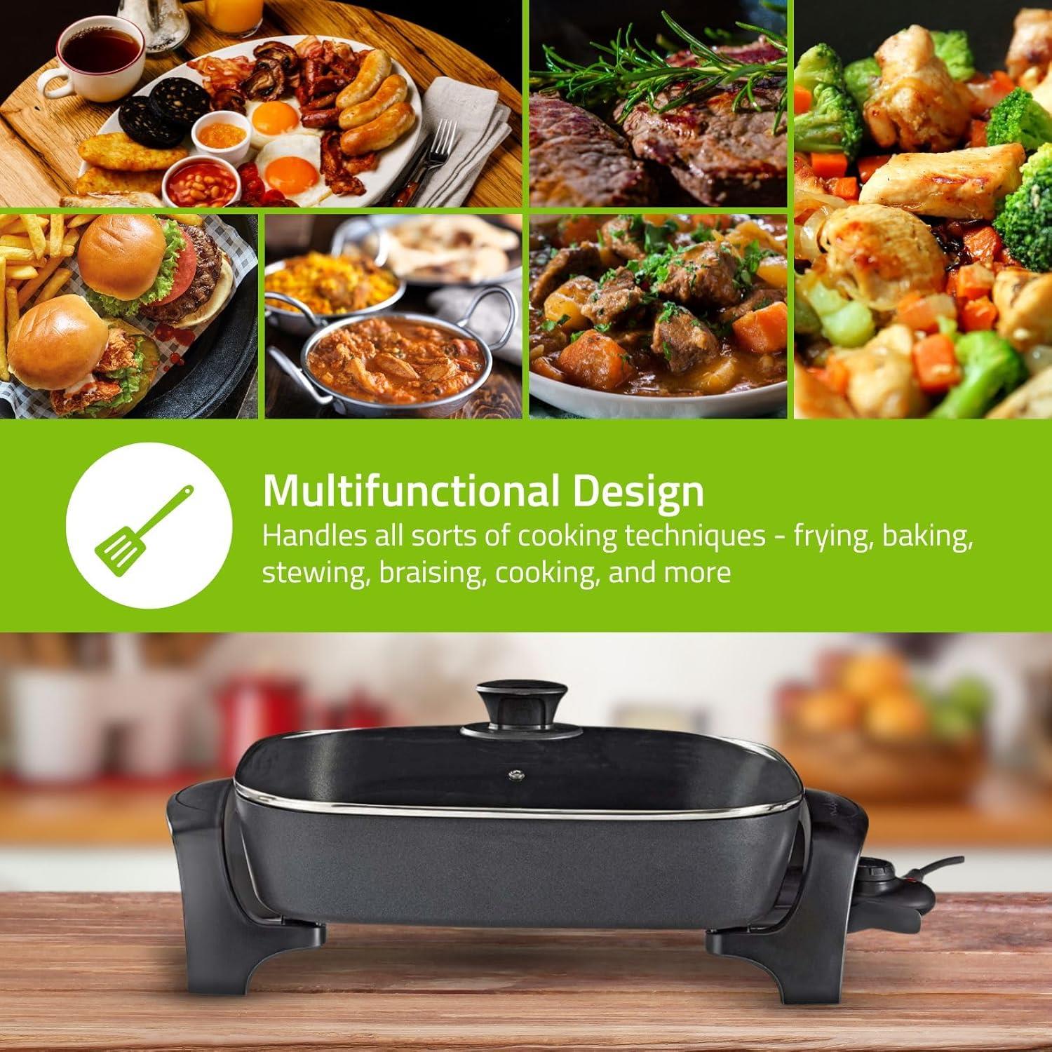 Nedis 7L Non Stick Electric Skillet Pan Cooker, 40cm XXL Multi Function with Tempered Glass Lid and Thick Cast Aluminium Body, 2200W for Frying, Baking, Stewing, Braising, Cooking - Black