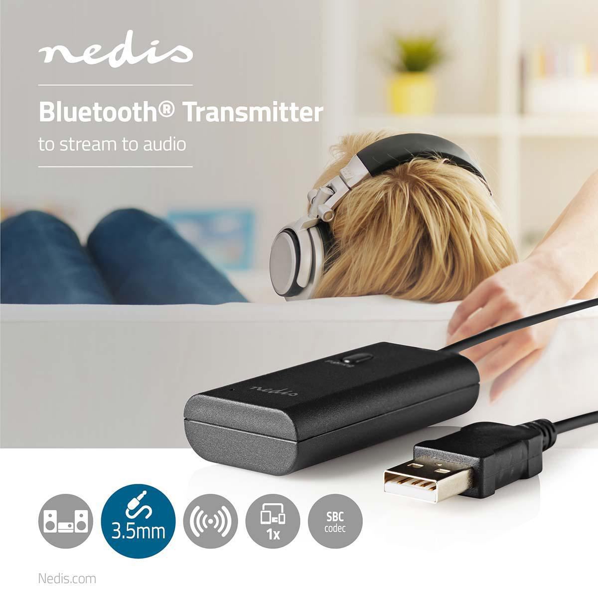 Nedis Bluetooth Audio Transmitter, Compact Wireless SBC Codec Adapter, AUX Input, USB Powered