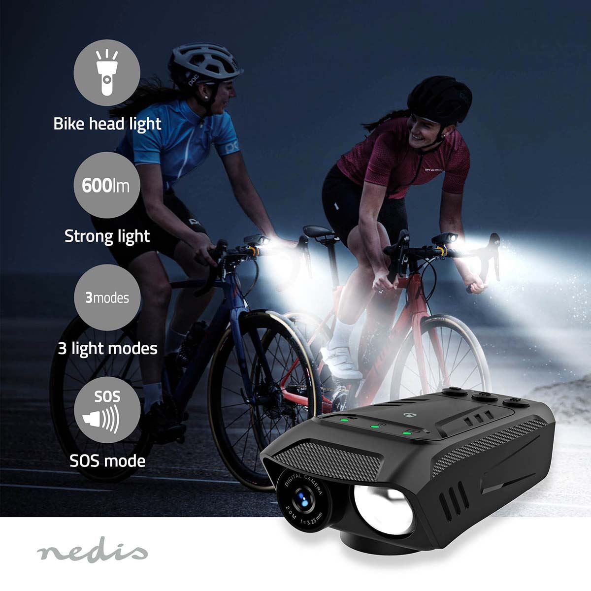 Nedis 3-in-1 Full HD Cycling Camera with Bike LED Head Light & Horn, 1080p 2MP, 600lm Night Mode, Waterproof, USB-C, 10hr Battery, MicroSD Slot � Black