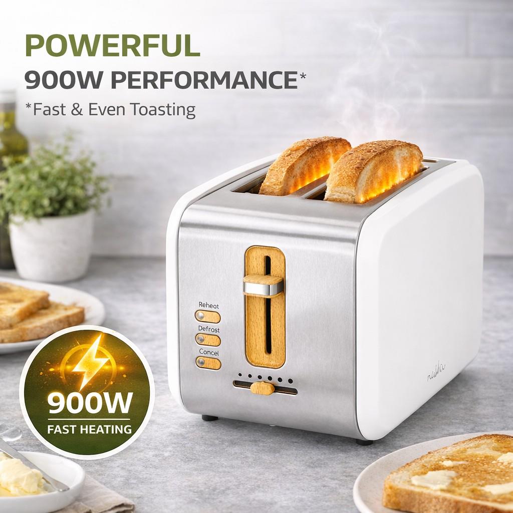Nedis Soft Touch Toaster, 2 Slice, 6 Browning Levels, Defrost Cancel Reheat Functions, Cool Touch, White